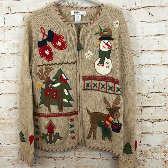kikit Sweaters - Kikit Christmas zip Cardigan Sweater Wool Blend Womens medium cabin folk tree